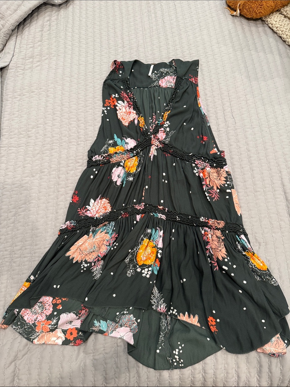 Free People Dark Green Floral Tiered Midi Tunic